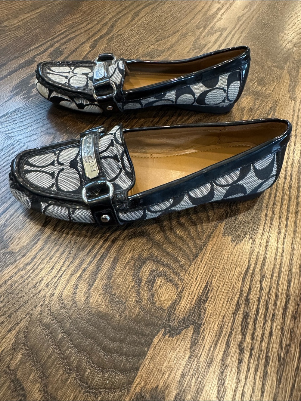 Coach Black & White Signature Canvas Loafers with Silver Logo Plaque